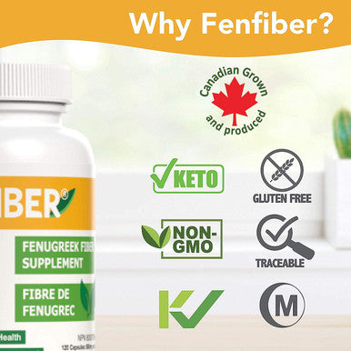 FenFiber - Fenugreek Seed Fiber Supplement, Made and Grown in Canada, 120 count, Premium Soluble Fiber
