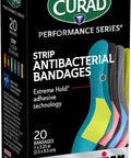 Curad Performance Series IRONMAN Antibacterial Bandages Extreme Hold Adhesive Technology Standard Size Flexible Fabric Bandages for Cuts Scrapes & Burns Assorted Colors 1 x 3.25 inches 20 Count