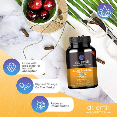 Dr. Emil Nutrition Organic Brain Boosting Nootropic Lions Mane Mushroom Capsules with Absorption Enhancers and Immune Support Lions Mane Mushroom Supplement with 100 Organic Lions Mane Extract
