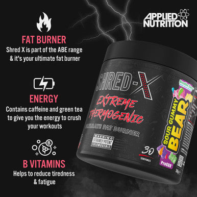 Applied Nutrition Shred X Thermo Powder Weight Loss Fat Burner with Green Tea L Carnitine Theanine Tyrosine, Thermogenic Energy Detonator Supplement, Shred-X 300g - 30 Servings (Sour Gummy Bear)