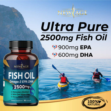 Omega 3 Fish Oil 2500mg Supplement by New Age ÃƒÂ¢Ã¢â€šÂ¬Ã¢â‚¬Å“ Immune & Heart Support ÃƒÂ¢Ã¢â€šÂ¬Ã¢â‚¬Å“ Promotes Joint, Eye, Brain & Skin Health - Non GMO 90 Softgels - EPA, DHA Fatty Acids Gluten Free