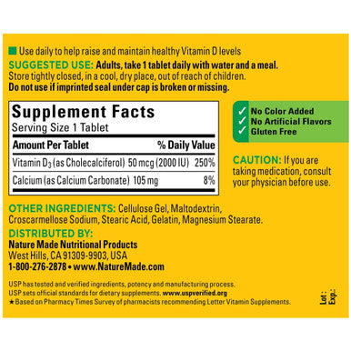 Nature Made Vitamin D3 220 Tablets Vitamin D 2000 Iu (50 Mcg) Helps Support Immune Health Strong Bones And Teeth & Muscle Function 250% Of Daily Value For Vitamin D In One Daily Tablet