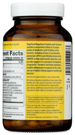 MegaFood Megaflora Probiotic + Prebiotics + Turmeric - Probiotics For Women & Men - Probiotics For Digestive Health - 50 Billion Cfus - 14 Strains - Vegan - Non-Gmo - 60 Caps (30 Servings)