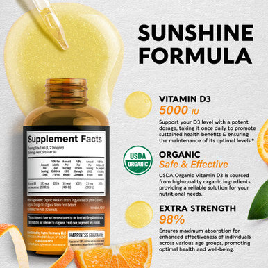 NUTRAHARMONY Usda Organic Vitamin D3 Liquid - 5000 Iu Vitamin D Drops - Made In Usa Supplements - For Kids & Adults, Pregnancy & Children Safe - Immune System, Mood, Bone Health & Muscle Support - 2 Month Supply