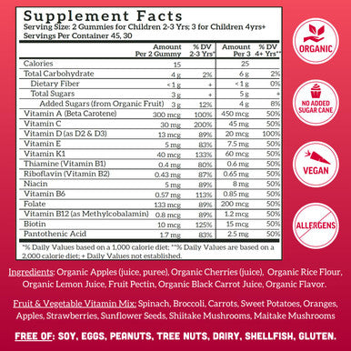 Llama Naturals Kids Multivitamin Gummies Vegan Organic with Vitamin D C & K Toddler Real Fruit Gummy Vitamins Chewable Supplement Whole Food Multivitamin No Added Sugar Cane Cherry 90 Ct