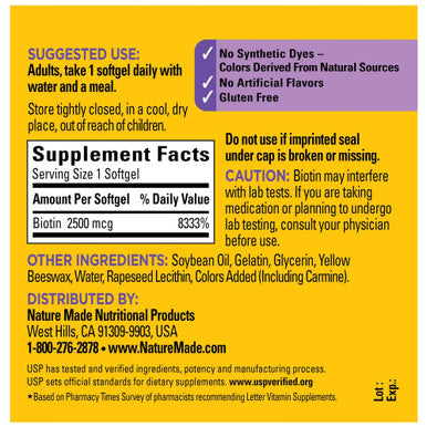 Nature Made Extra Strength Biotin 2500 Mcg Dietary Supplement For Healthy Hair Skin & Nail Support 150 Softgels 150 Day Supply