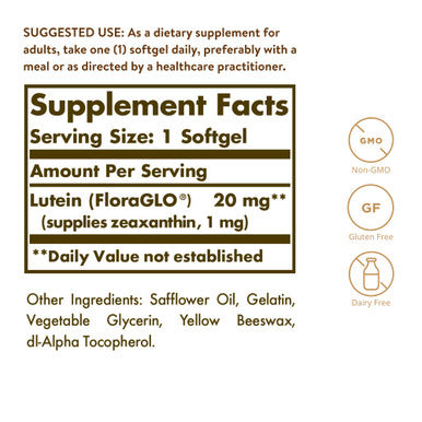 Solgar Lutein 20 Mg 60 Softgels - Supports Eye Health - Helps Filter Out Blue-Light - Contains Floraglo Lutein - Non-Gmo Gluten Free Dairy Free - 60 Servings