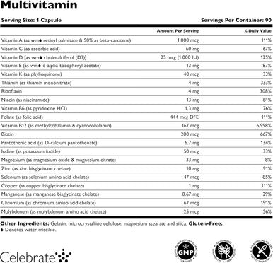 Celebrate Vitamins Bariatric Multivitamin, Iron - Post Gastric Bypass & Sleeve Gastrectomy Supplement For Men & Women - Essential Minerals & Vitamins A, B, D & E (90 Capsules)