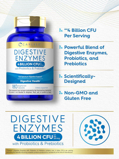 Carlyle Digestive Enzymes | with Probiotics & Prebiotics | 180 Capsules | Non-GMO and Gluten Supplement for Men & Women