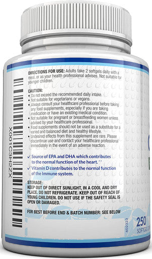 Omega 3 Fish Oil 2200mg & Vitamin D3 2000IU Ãƒâ€šÃ¢â‚¬â€œ 250 Capsules Over 4 Months Supply Ãƒâ€šÃ¢â‚¬â€œ 720mg EPA & 480mg DHA per Serving High Strength 1100mg Fish Oil per Capsule