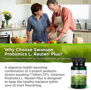 Swanson L. Reuteri Probiotic Plus w/L. Rhamnosus L. Acidophilus & FOS Prebiotic Digestive Support - Promotes Gut Health w/ 7 Billion CFU per Capsule - (30 Veggie Capsules)