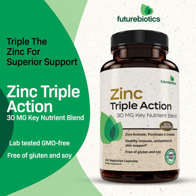 Futurebiotics Zinc Triple Action 30Mg Key Nutrient Blend Immune Support Zinc Supplement With Zinc Acetate, Picolinate & Orotate - Immune, Antioxidant & Skin Health Support - 150 Vegetarian Capsules