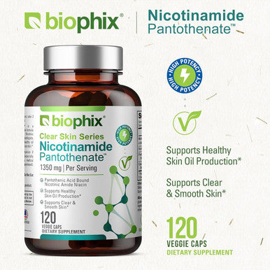 Biophix B-3 Nicotinamide Pantothenate 1350 Mg 120 Vcaps - Clear Skin Series B5 Pantothenic Acid Natural Flush- Nicotinic Amide Niacin - Supports Skin Cell Health