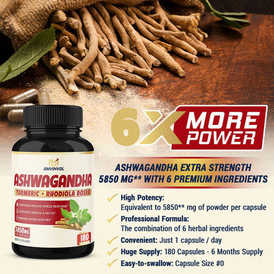 6 Months Supply Ashwagandha Extract Capsules 5850 mg 180 Capsules Mood Immune Support with St.Johns Wort Turmeric Rhodiola Rosea Extract