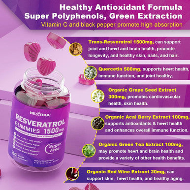 Resveratrol Gummies 1500Mg - Sugar Resveratrol Supplement With Quercetin, Grape Seed, Acai Berries Extracts Support Antioxidant, Healthy Aging & Longevity, Skin, Joint, Brain Wellness - 2Pack