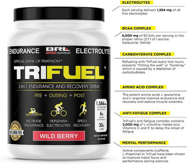 TRIFUEL 3 In 1 Triathlon Energy and Muscle Recovery Drink (Wild Berry) with BCAA Amino Acids and Electrolytes (900g)