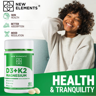 New Elements Vitamin D3 K2 10,000 IU with Magnesium Glycinate 500mg Bone Health Immune Support Energy and Mood - Non-GMO Gluten-Free Sugar Free Softgels for Women and Men 60 softgels