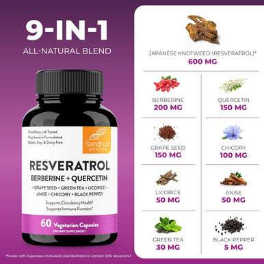 Trans-Resveratrol With Berberine 200Mg, Green Tea 30Mg, Grape Seed Extract 150Mg And Quercetin 150Mg, Supports Gut, Digestive & Immune Health For Women And Men, 60 Capsules