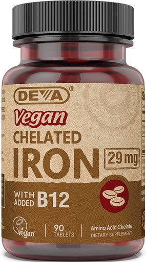 DEVA Vegan Chelated Iron with Added Vitamin B-12, Dietary Supplement, 29 mg, 90 Count