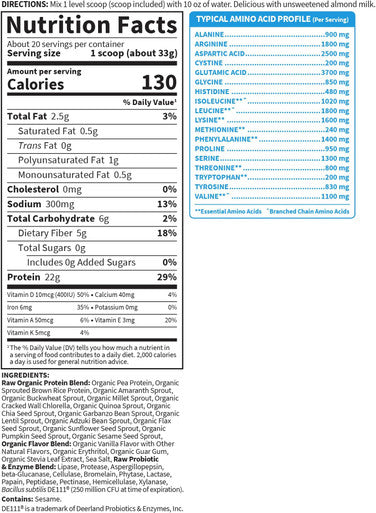 Garden of Life Protein Powder, Vegan Protein Powder, BCAA, Probiotics & Digestive Enzymes, Gluten & Lactose Free, Vanilla, 1.5 LB