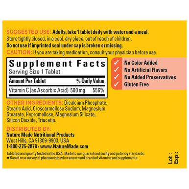 Nature Made Vitamin C 500 Mg Dietary Supplement For Immune Support 100 Tablets 100 Day Supply