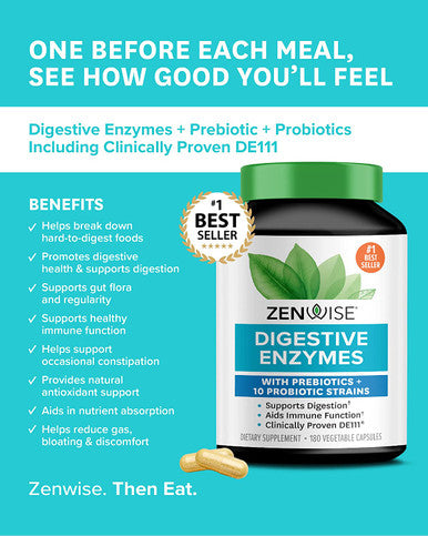 Zenwise Digestive Enzymes Plus Prebiotics Probiotics Supplement 180 Servings Vegan Formula for Better Digestion Lactose Absorption with Amylase Bromelain 2 Month Supply