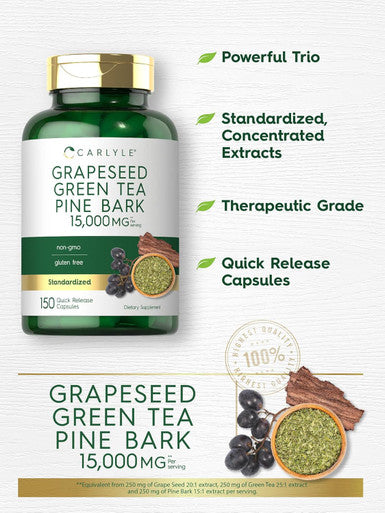 Carlyle Grapeseed Green Tea Pine Bark | 15000mg | 150 Capsules | Non-GMO and Gluten Supplement