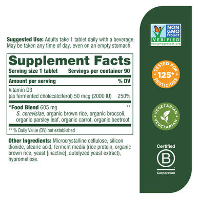 MegaFood Vitamin D3 2000 Iu (50 Mcg) - Vitamin D Supplements With Real Food Immune Support Supports Bones Teeth & Muscles Vegetarian Certified Non-Gmo Kosher 90 Tablets 90 Servings