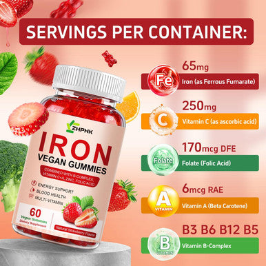 Iron Supplement For Women, Vegan Iron Gummies Gummy 65Mg And 250Mg Vitamin C With Vitamin A, B-Complex, Zinc & Folate For Iron Deficiency, Anemia, Energy Boost, Promote Sleep, Non-Gmo