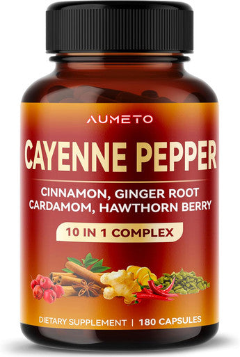 Aumeto Cayenne Pepper Capsules - Ultra complex with Cinnamon Ginger Cardamom Hawthorn Berry - Support Digestion Circulation & Overall Wellness (180 count (pack of 1))