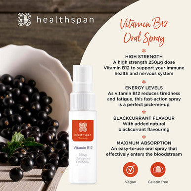 Healthspan Vitamin B12 Oral Spray | 15ml | Blackcurrant Flavour | Gelatin Free | Vegan