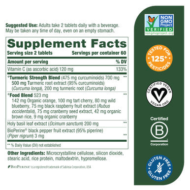 MegaFood Turmeric Curcumin Extra Strength - Whole Body - Turmeric Curcumin With Black Pepper- 475Mg Curcuminoids - Holy Basil Tart Cherry - Made Without 9 Food Allergens - 120 Tabs (60 Servings)