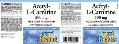 Natural Factors Acetyl LCarnitine 500 milligrams 60 Vegetarian Capsules