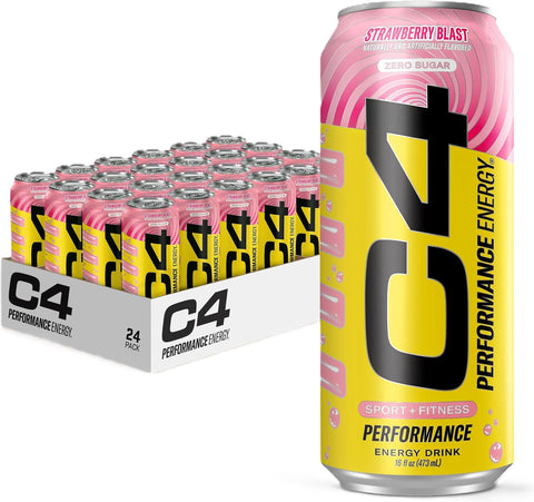 Cellucor C4 Performance Energy Drink | Strawberry Blast | Zero Sugar Carbonated Preworkout Energy | 200mg Caffeine with Beta Alanine | 16 Fl Oz (12 Pack)