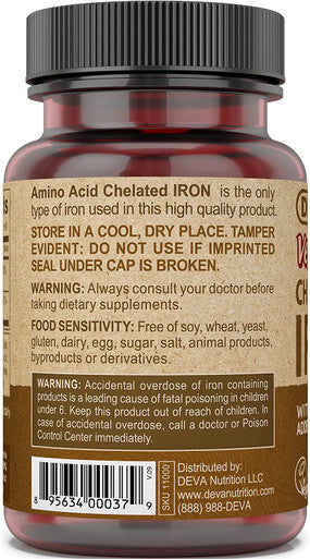 DEVA Vegan Chelated Iron with Added Vitamin B-12, Dietary Supplement, 29 mg, 90 Count