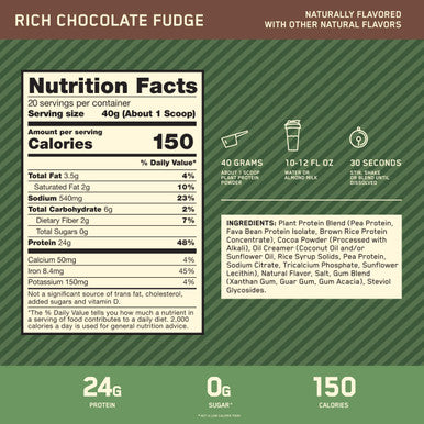 Optimum Nutrition (On) Gold Standard 100% Plant Based Protein Powder Gluten Free Vegan Protein For Muscle Support And Recovery With Amino Acids - Rich Chocolate Fudge 800 G 20 Servings