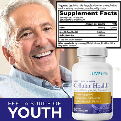 Juvenon Cellular Health Heart, Brain Supplement With Acetyl L-Carnitine And Biotin - Supports Nad+ Function, Energy Production, Mood, Revitalized Metabolism, Mental Focus & Clarity (90 Capsules)