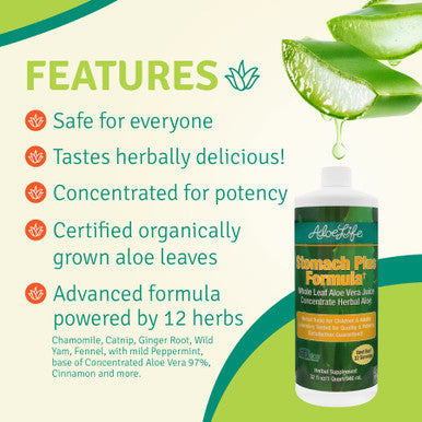 Aloe Life - Stomach Plus Formula, Fast-Acting Tonic for Children, Adults, & Seniors, Supports Healthy Digestion & Helps to Soothe Gas, Bloating, & Nausea, Aloe Vera Concentrate, Gluten-Free (32 oz)