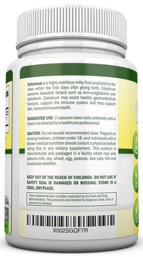 Colostrum - 1000mg - 120 Capsules - 30% IgG - Non-GMO US Dairy - First Milking Bovine Colostrum - Low Heat Processed - Great for GI Tract Health - Immune Support - Bone and Muscle Health