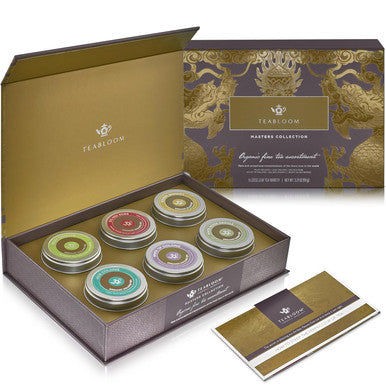 Teabloom Masters Collection - Six Rare Single-Origin Organic Loose Leaf Teas - Milky Oolong White Silver Needle Big Red Robe Golden Monkey Jade Oolong and White Tip Oolong