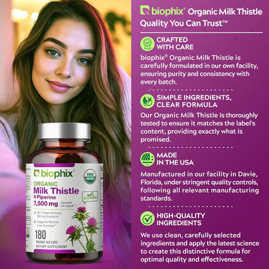 Biophix Milk Thistle Usda Organic 30:1 Extract 7500 Mg With Piperine 180 Veggie Capsules - Healthy Liver Support - Antioxidant Formula - Detoxification Support