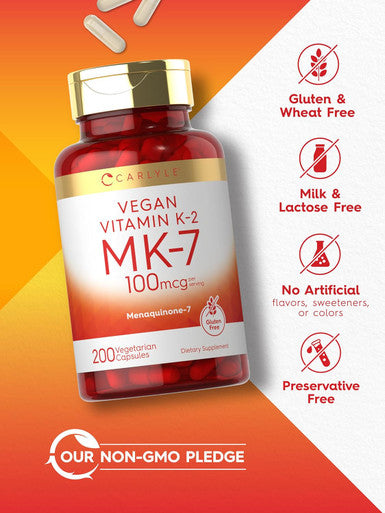 Carlyle Vitamin K2 MK7 100mcg | 200 Vegan Capsules | Menaquinone-7 Supplement | Non-GMO Gluten