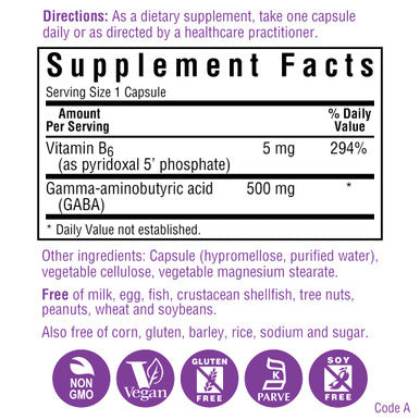 Bluebonnet Nutrition GABA 500mg, for Stress Relief, Supports Relaxation, Kosher, Vegan, Gluten-Free, Soy-Free, Non-GMO, 60 Count, 60 Servings