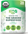 Kos Organic Super Greens Powder Erythritol Free - Plant Based Superfood Blend With Spirulina Chlorella & Wheatgrass - Usda Certified Organic Green Juice Smoothie - Apple Flavor - 28 Servings