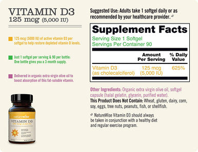 NatureWise Vitamin K2 Vitamin D3 5000IU 3 Month Supply 90 softgels per Bottle