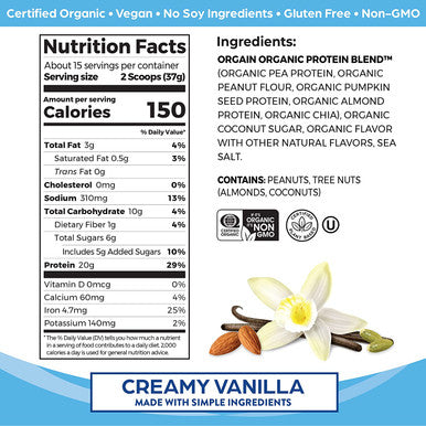 Orgain Simple Organic Vegan Protein Powder Vanilla 20g of Plant Based Protein Made with Fewer Ingredients and Without Dairy Gluten and Stevia Kosher NonGMO 1.25 Lb Packaging May Vary