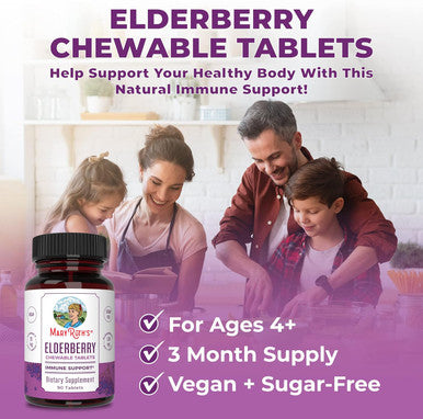 Maryruth Organics Elderberry + Vitamin C Chewable Tablets | Sambucus nigra | Black Elderberry for Immune Support | 3 Month Supply | Gluten | Non-GMO | 90 Servings