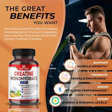 Ultra Herbs Ultra Creatine Pills 9800mg | Creatine Monohydrate Capsules Enhanced with L-Arginine L Citrulline Ginseng | Support Stamina Energy & Muscle Growth | 90 Capsules