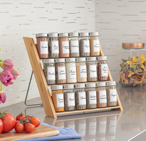 18 Jar Bamboo Compact Spice Rack with Spices Included & 5-Year Free Spice Refill Program for Countertop or Kitchen Drawer with Glass Jars