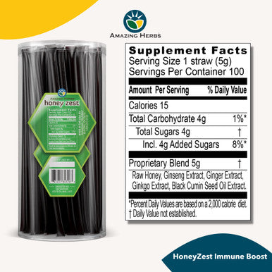 Amazing Herbs Raw Natural Honey - Herbal Honey Infused With Ecea, Elderberry, Garlic, Eucalyptus Extracts & Pure Black Seed Oil, Non Gmo, Gluten Free - Honeyzest Immune Boost Straws, 100 Count
